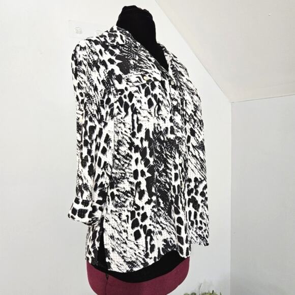 Vintage Elementz White and Black 3/4 Sleeve Pocket Button Front Top Large - Picture 2 of 10